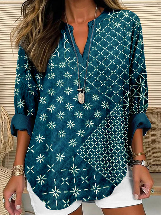 Comstylish Japanese Sashiko Art Linen Blend Cozy Shirt