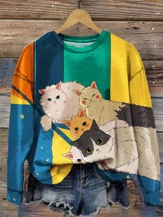 Women's Cat Rainbow Print Long Sleeve Top elevenforest