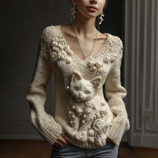 Comstylish Women's Vintage Cute Cat Art Knitted Warm Cazy V Neck Sweater