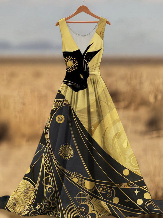 Egyptian Cat Print Women's V-neck Linen Maxi Dress elevenforest
