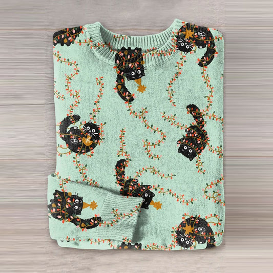Comstylish Women's Cat Print Crew Neck Cozy Sweater