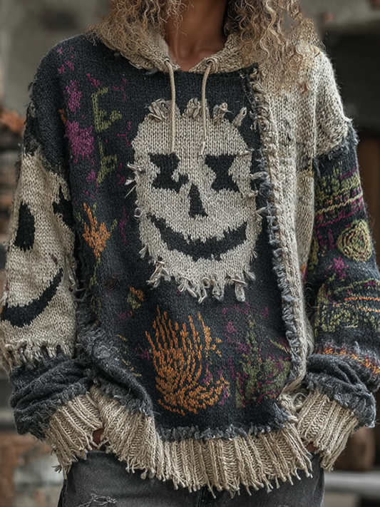 Halloween Dark Gothic Style Pumpkin Face Pattern Hooded Knit Sweater artswardrobe