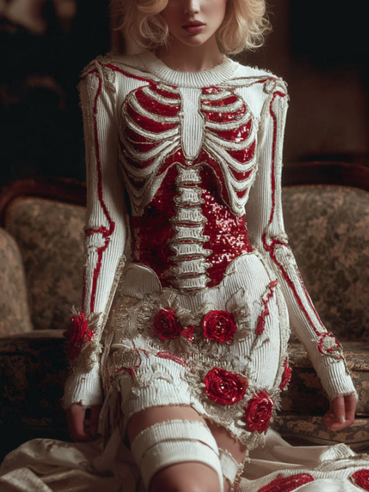 Women Halloween Skeleton Red Rose Art Slimming Ancient Dress artswardrobe