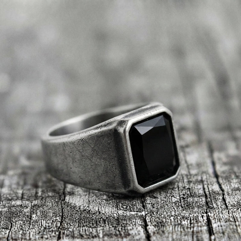 Signet Ring with Black Gemstone and Engraved Symbol