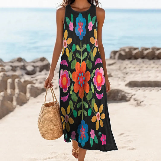 Women's Vintage Bohemian Floral Art Linen Tank Dress artswardrobe