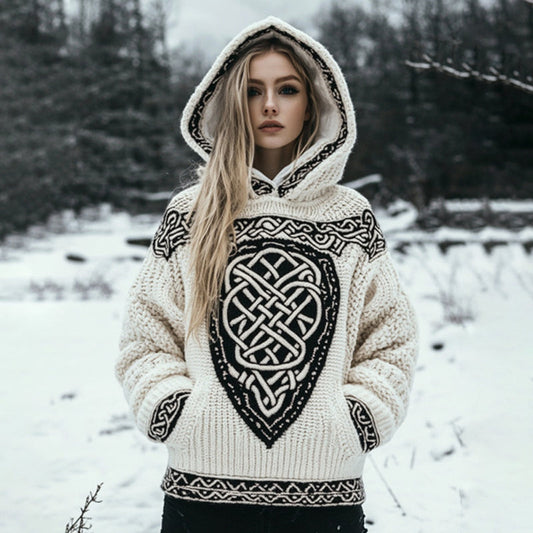 Women's Tribal Knit Jacquard Warm Hooded Sweater elevenforest