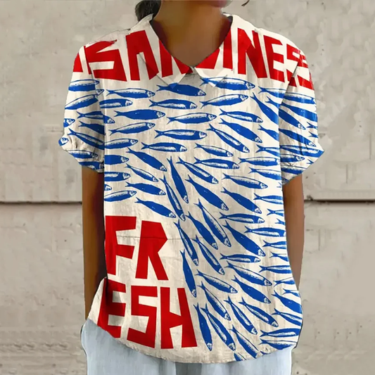 Comstylish Retro Sardines Forever Fish Art Pattern Printed Casual Women's  Cotton Linen Shirt