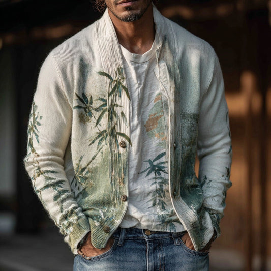 Men's Retro Japanese Bamboo Forest Art Knitted Cardigan Sweater artswardrobe