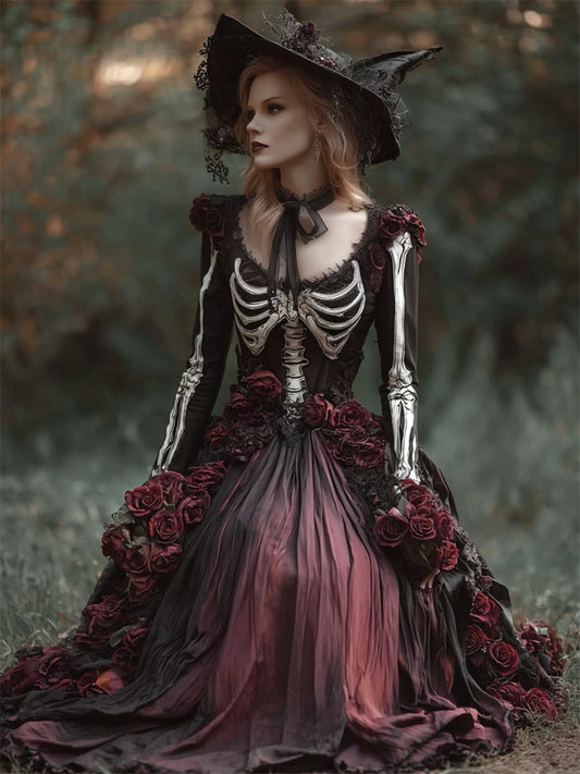 Comstylish Vintage Halloween Skeleton Scarlet Floral Gradient Linen Maxi Dress