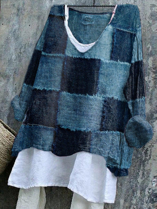 Comstylish Women's Denim Patchwork Vintage V-neck Shirt