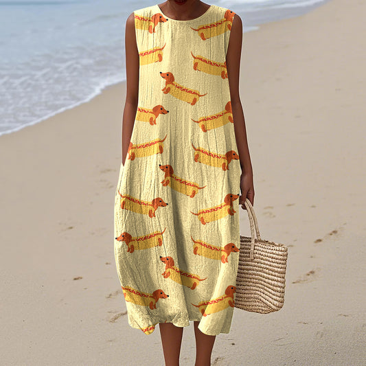 Retro Cute Dachshund  Sausage Dog Art Linen Tank Midi Dress artswardrobe