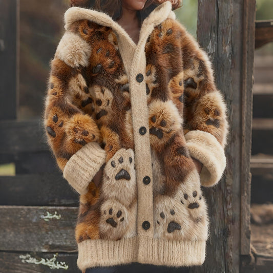 Comstylish Classy Fuzzy Cat Paw Mocha Cozy Knit Hooded Cardigan