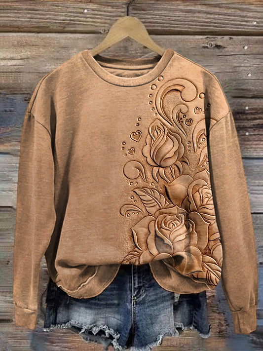 Comstylish Vintage Floral Leather Textured Cozy Sweatshirt