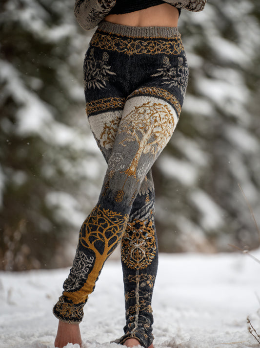 Comstylish Women's Viking Style Golden Tree Of Life Plant Color-blocked Art Leggings
