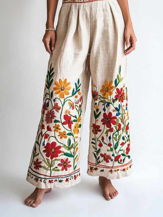 Boho Ethnic Floral Embroidery Art Women's Linen Trouser artswardrobe