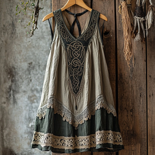 Tribal Celtic Embroidery Patchwork Lace Art Linen Tank Dress artswardrobe