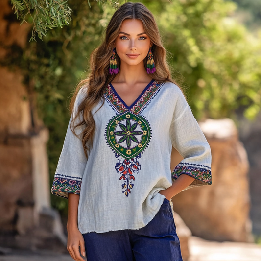 Comstylish Women's Vintage Hippie Floral Linen Long Sleeve T-shirt
