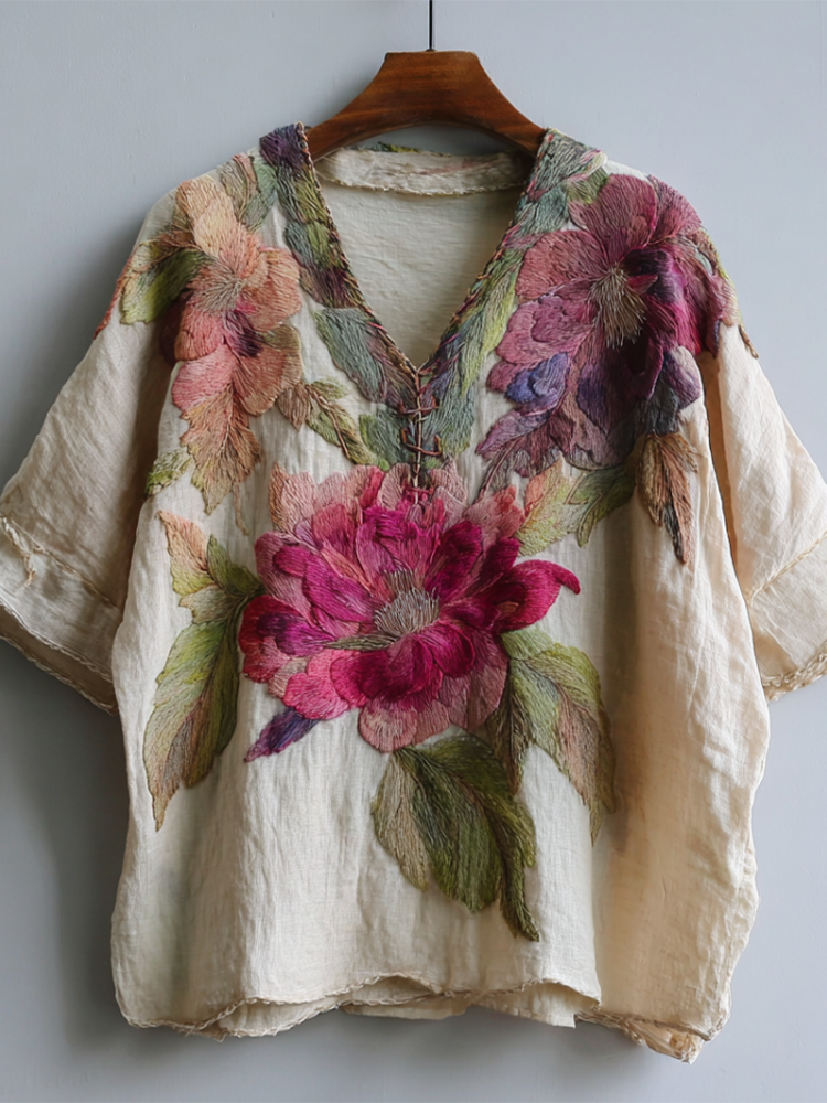 Bohemian-style Pink Floral Embroidery V-neck Short-sleeved Shirt With Sequins artswardrobe
