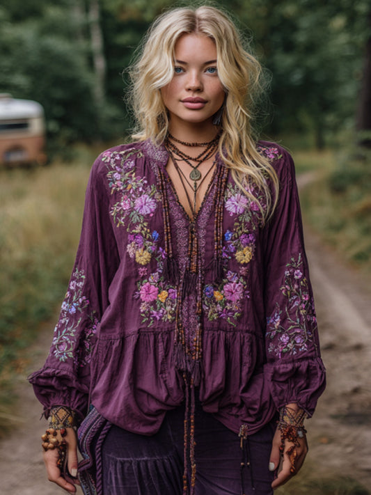 Comstylish Women's Casual Purple Floral Embroidered Linen Long Sleeve Shirt