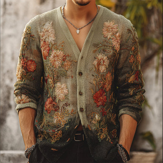 Men's Boho Floral Embroidered Gradient Dyed Comfy Knit Cardigan elevenforest