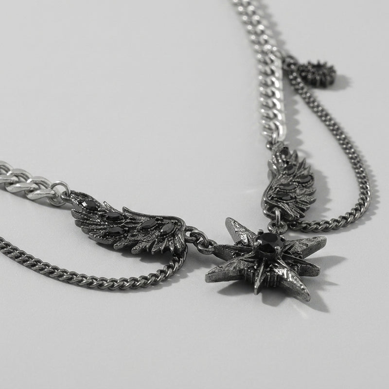 Winged Star Black Crystal Draped Necklace