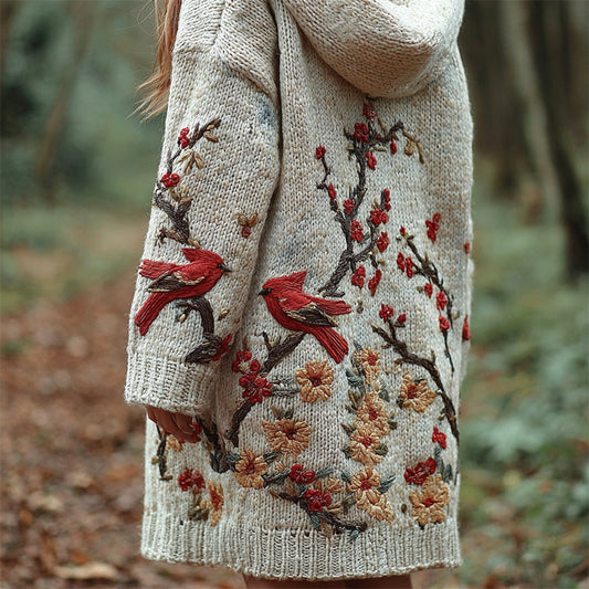 Vintage Japanese Bird & Flower Embroidery Women's Knit Hooded Cardigan elevenforest