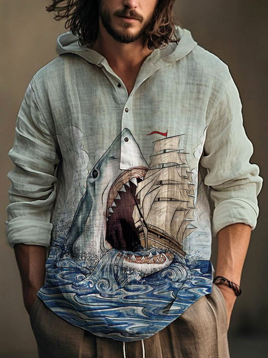 Japanese Art Ocean Shark Print Cotton Blend Hoodie