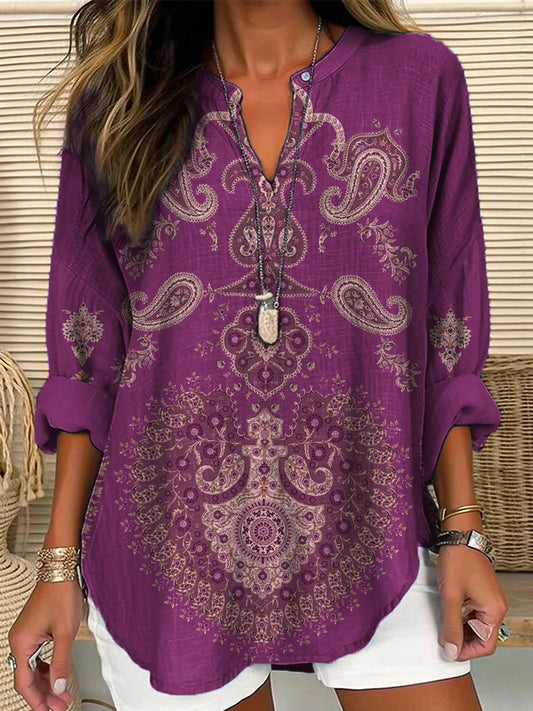 Comstylish Ethnic Bohemian Floral  Women's Casual Linen Blend Shirt