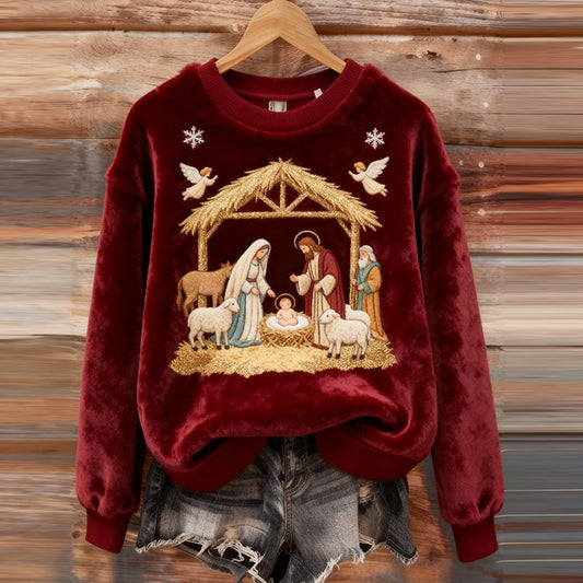 Comstylish Women's Vintage Nativity Night Pattern Casual Flannel Sweatshirt