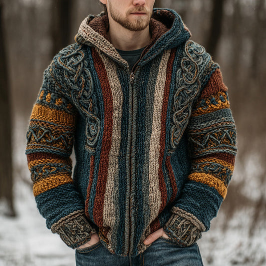 Men's Vintage Colorful Striped Celtic Art Jacquard Thick Warm Zip Hooded Sweater Cardigan artswardrobe