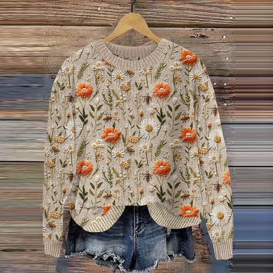 Bee And Wildflower Art Print Knitted Pullover Sweater artswardrobe