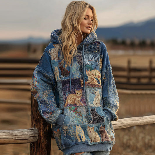 Comstylish Women's Retro Denim Patchwork Cute Cat Hooded Sweatshirt Dress