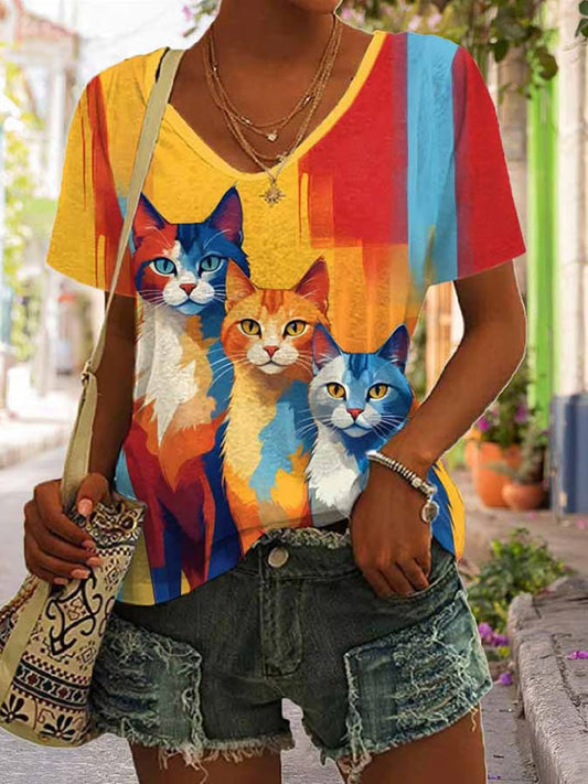 Women’s Retro Funny Cat Print V-neck T-shirt elevenforest