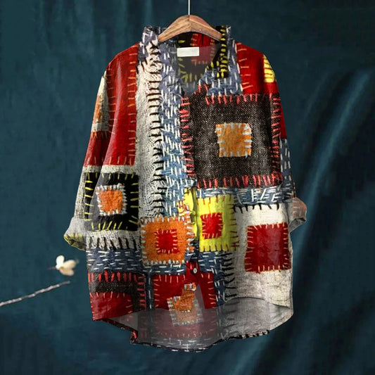 Comstylish Elegant Geometric Patchwork Pattern Art Linen Ruffle Shirt