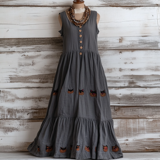 Vintage Pop Art Cat Linen Blend Women's Dress elevenforest