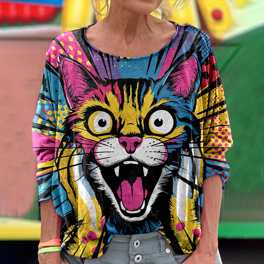 Vintage Colorful Pop Art Cat Graphic Long Sleeve T-shirt elevenforest