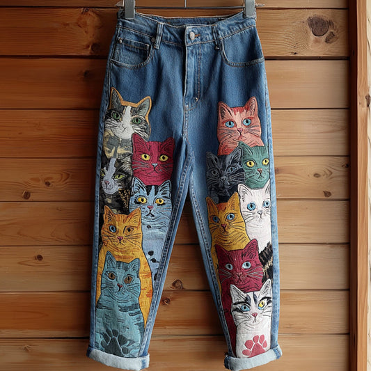 Retro Colored Cat  Embroidered Washed Jeans