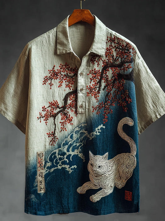 Vintage Japanese Cherry Blossom & Cat Embroidered Linen Shirt elevenforest