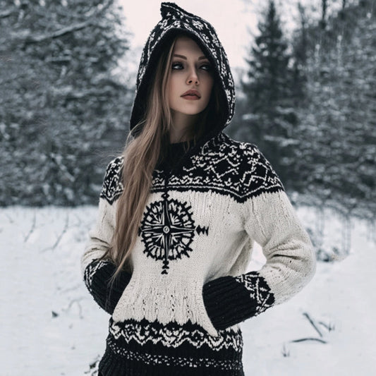 Vintage Viking Compass Celtic Cozy Chunky Hooded Cardigan elevenforest