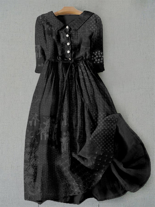 Comstylish Japanese Traditional Sashiko Art Lace-up Casual Maxi Dress