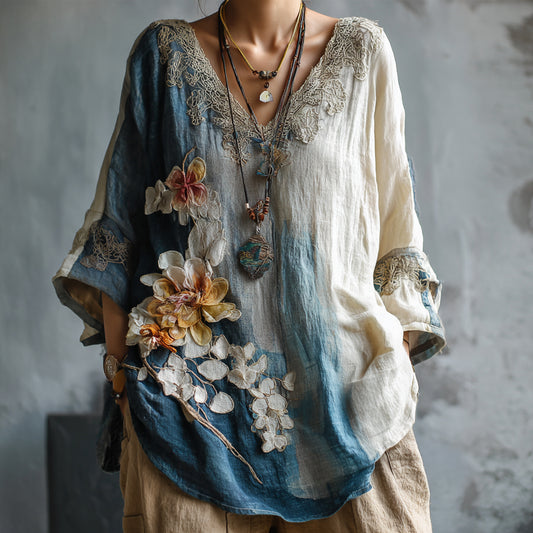 Comstylish Women's Vintage Oil Painting Floral Art V-neck Shirt