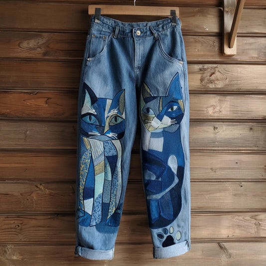 Vintage Abstract Cat Embroidered Washed Jeans elevenforest
