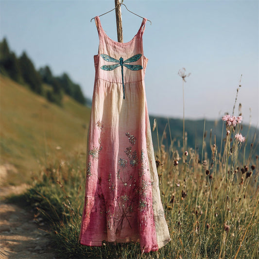 Boho Dragonfly & Dandelion Embroidery Women's Camisole Maxi Dress artswardrobe