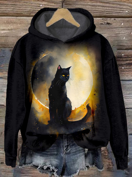 Black Cat Lunar Eclipse Graphic Comfy Hoodie elevenforest