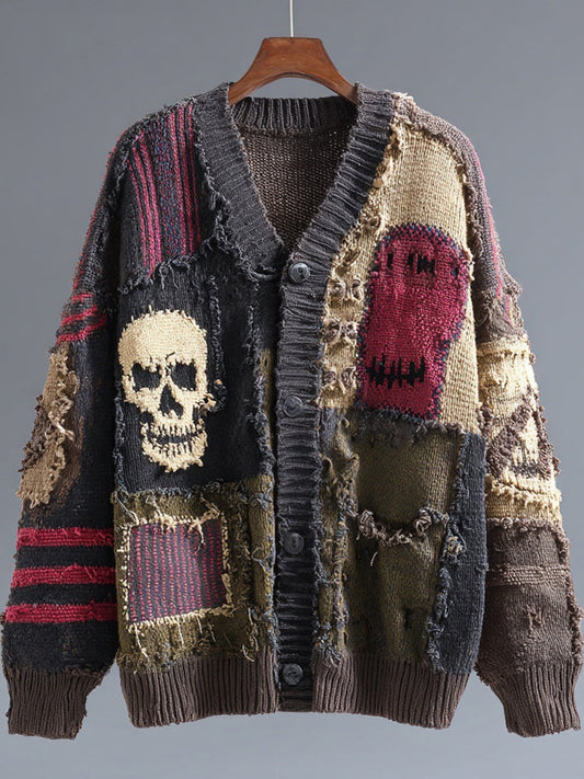 Halloween Vintage Skull Patchwork V Neck Cozy Cardigan elevenforest