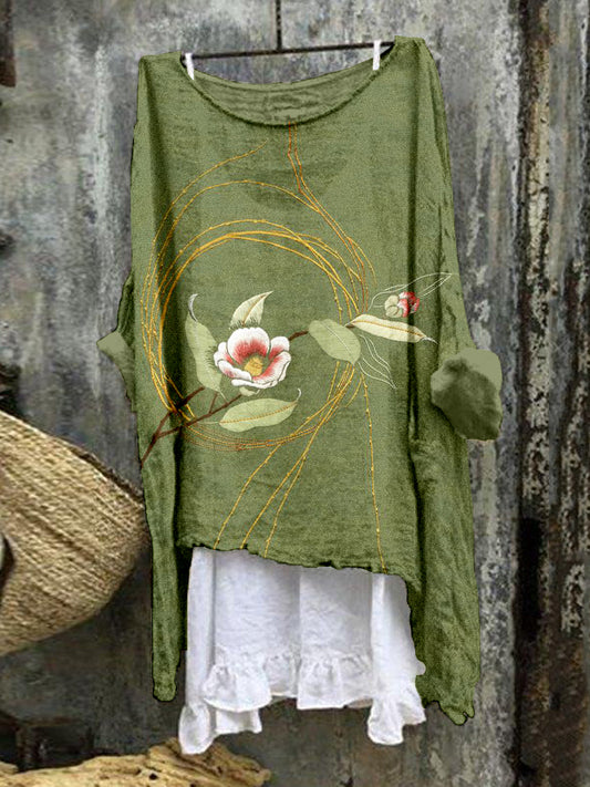 Comstylish Japanese Floral Embroidered Linen Blend Tunic