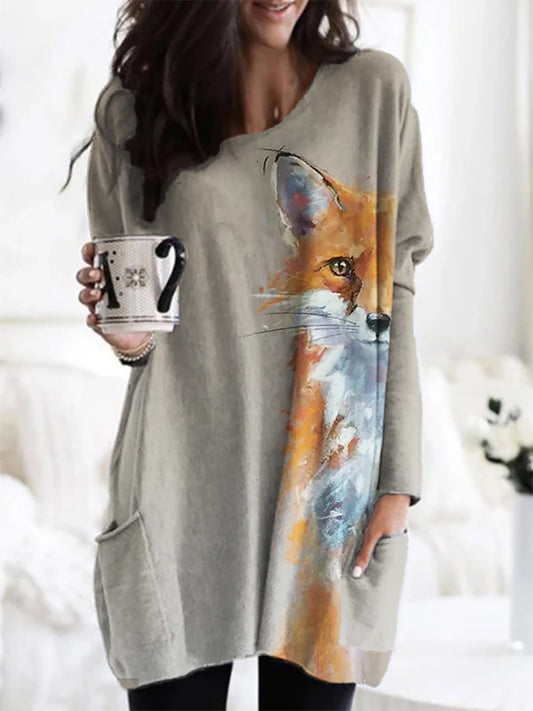 Fuzzy Peeking Fox Painting Cozy Tunic artswardrobe