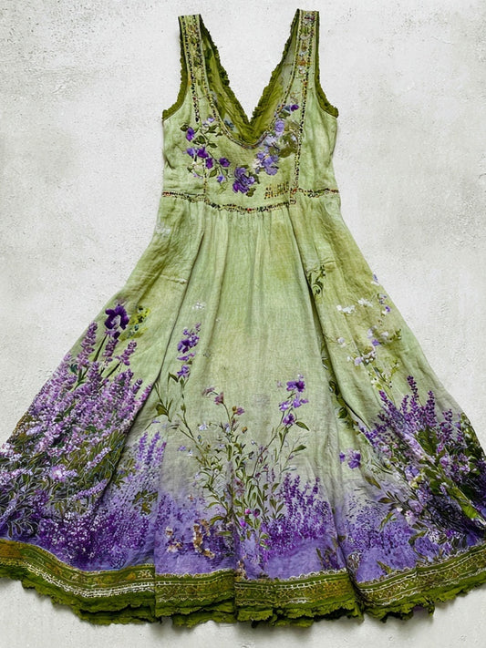 Vintage Lavender Flowers Embroidered Gradient Linen Midi Dress artswardrobe
