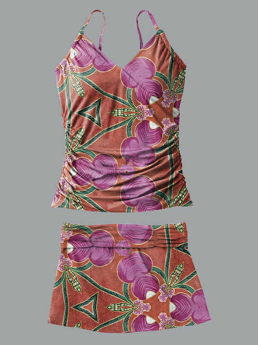 V-Neck Vintage Ethnic Pattern Print Suspender Skirt Tankini Pantskirt Set Swimsuit