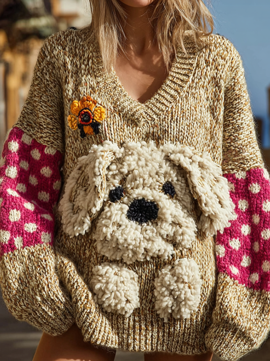 Lady Retro Cute Dog Plush Comfortable Knitted Sweater. elevenforest